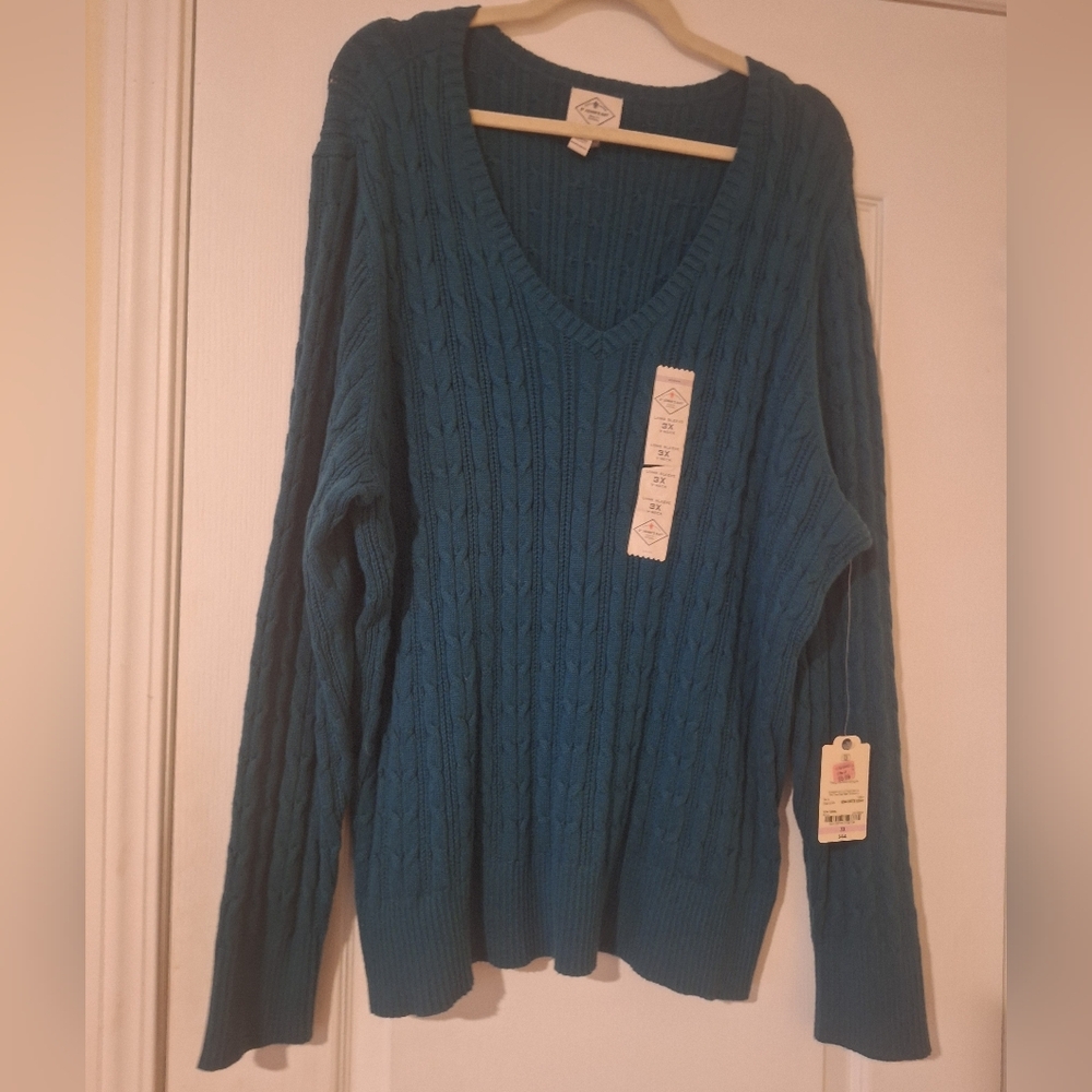NWT Teal V-Neck Cable Knit Sweater 3X ST Johns‎ Bay 3X